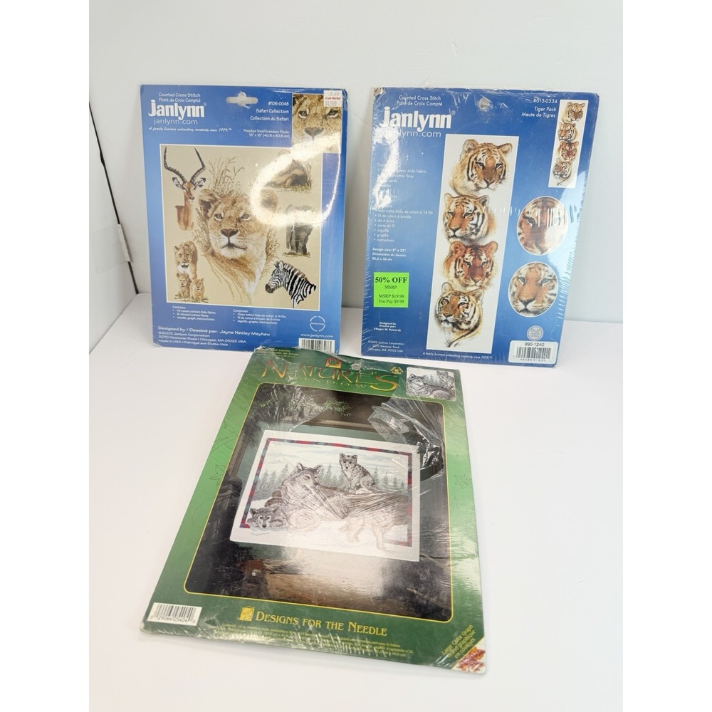 Cross Stitch Craft Kits Lot Of 3 Animal Related Wolves Tiger Lion Zebra